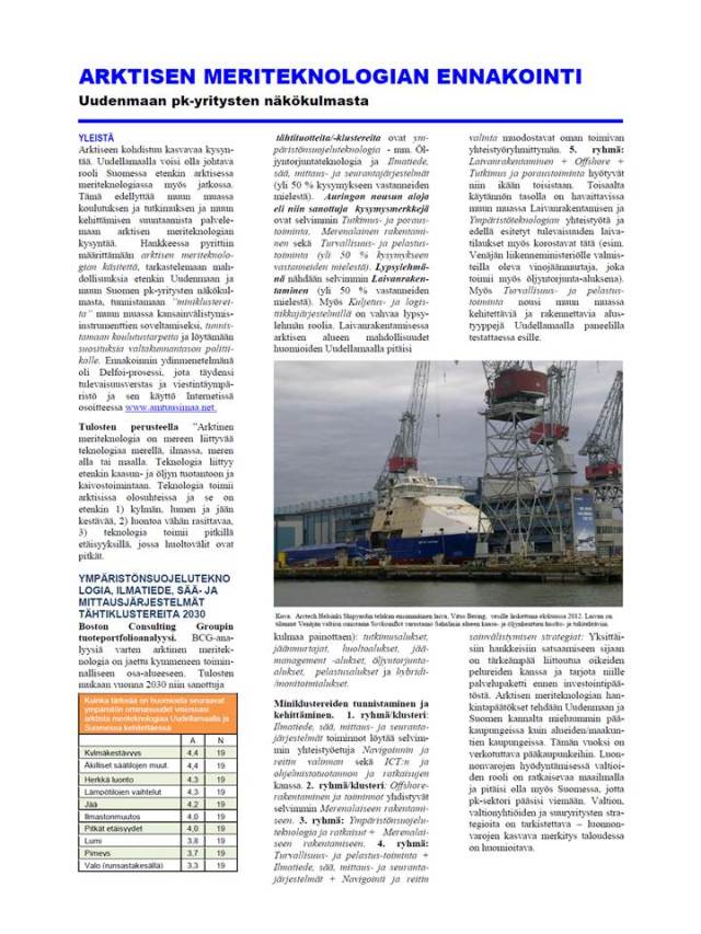 Arktisen meriteknologian yhteenveto-esite, RD Aluekehitys.